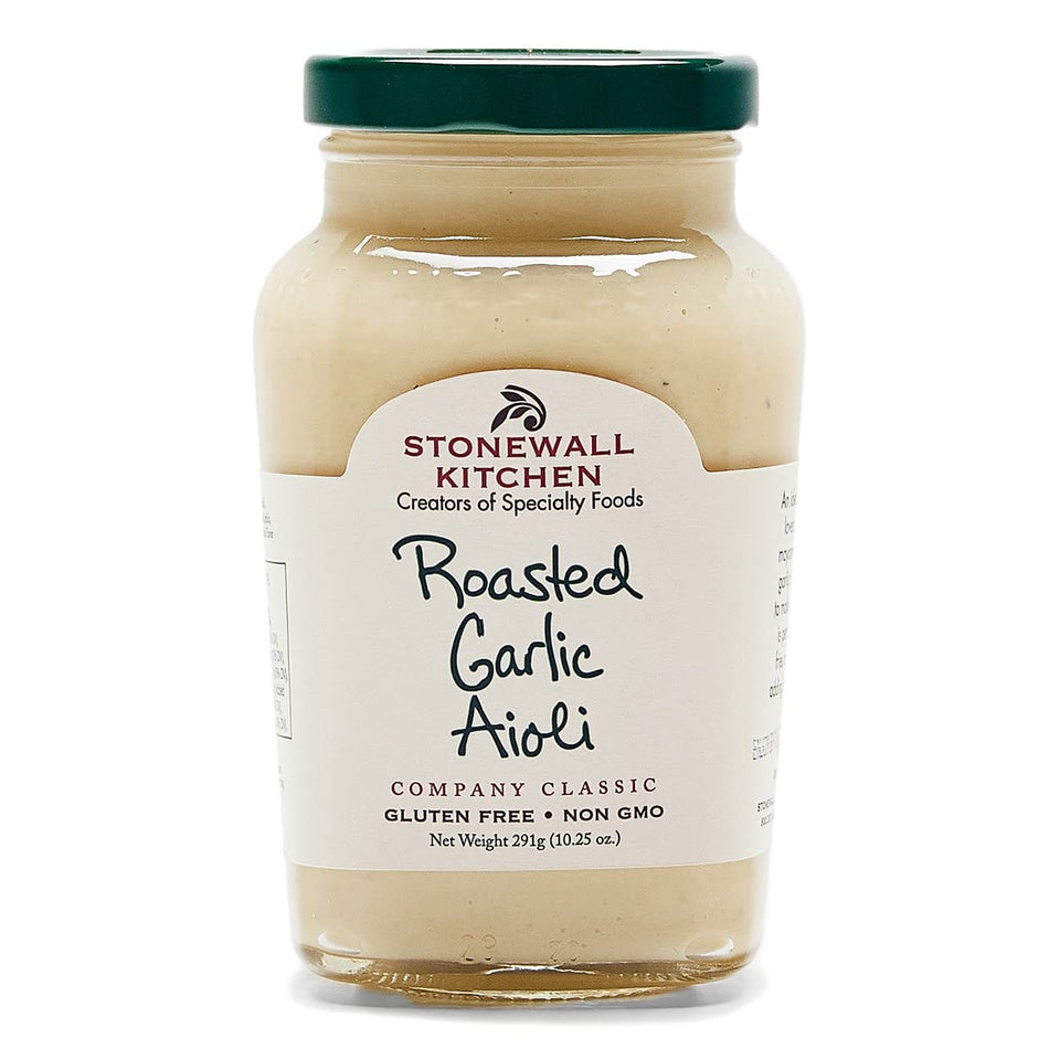 Stonewall Kitchen Roasted Garlic Aioli jar shows creamy texture for dipping.