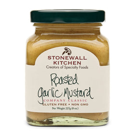 Stonewall Kitchen Roasted Garlic Mustard front label, premium flavor booster for sandwiches.