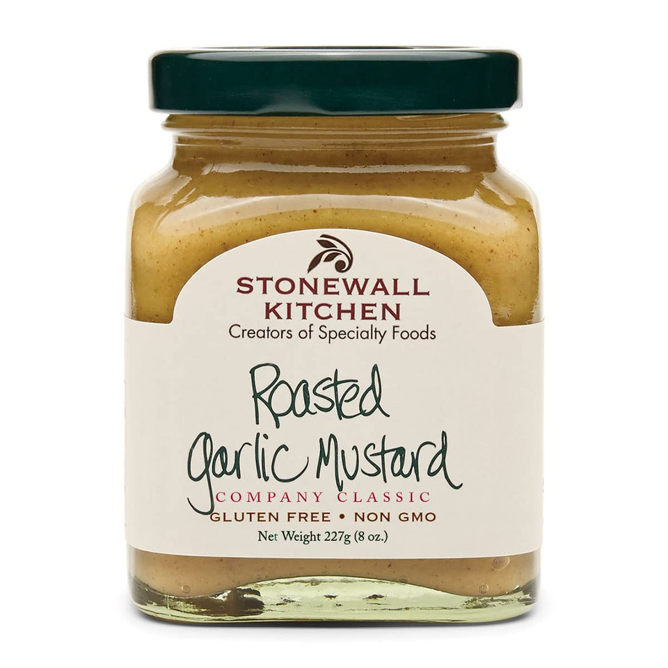 Stonewall Kitchen Roasted Garlic Mustard front label, premium flavor booster for sandwiches.