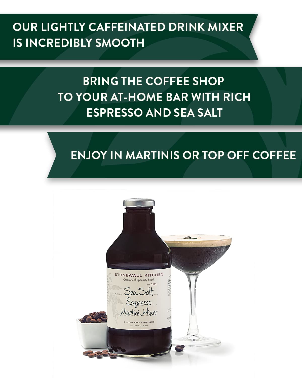 Stonewall Kitchen Sea Salt Espresso Martini Mixer glass served for a rich nightcap.