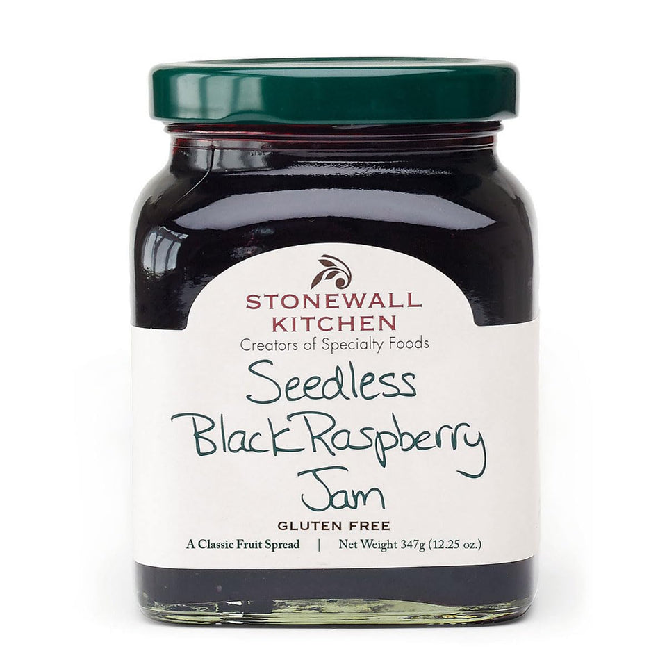 Stonewall Kitchen Seedless Black Raspberry Jam jar offers a smooth, seedless spread for breakfast.