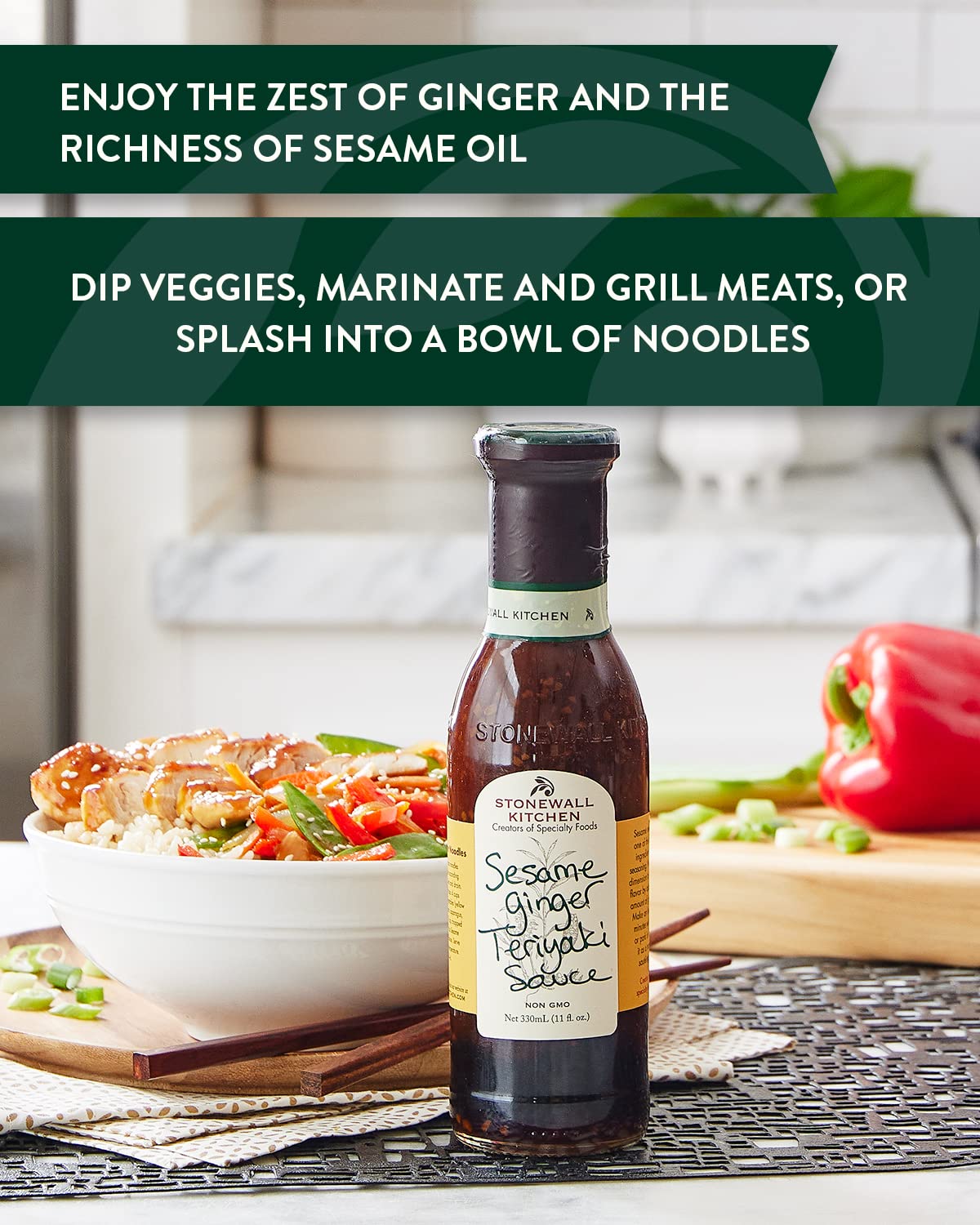 Stonewall Kitchen sesame ginger teriyaki sauce bottle pour ideal for stir-fries.