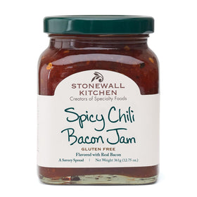 Stonewall Kitchen Spicy Chili Bacon Jam jar with peppers and bacon, ideal for smoky appetizers