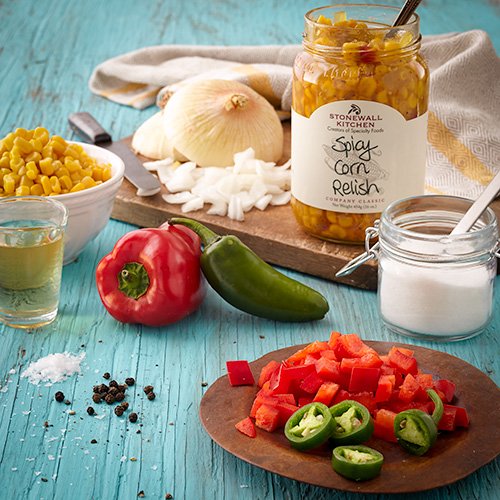 Stonewall Kitchen Spicy Corn Relish on nachos adds bright heat and tang