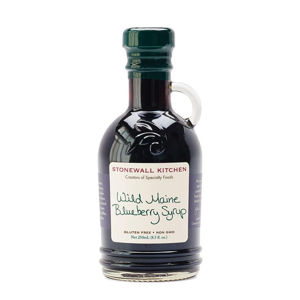 Stonewall Kitchen syrup bottle label detail helps shoppers identify flavor at a glance.
