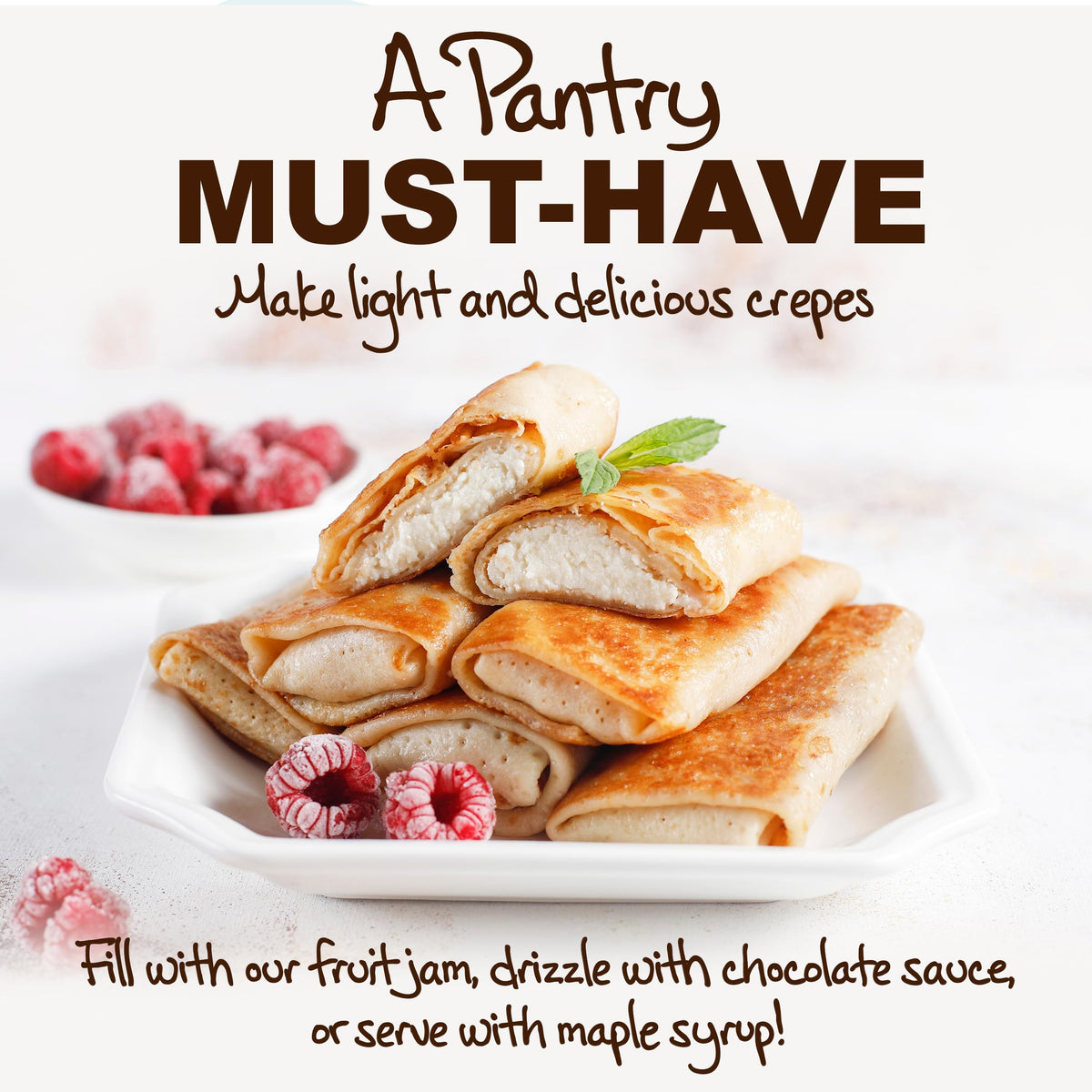 Crepes drizzled with maple syrup using Stonewall Kitchen mix.