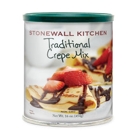 Stonewall Kitchen crepe mix is poured into a hot pan for a quick breakfast.