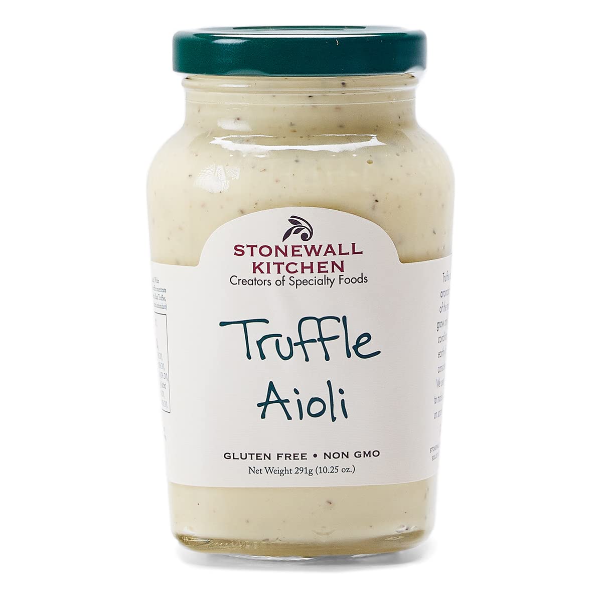 Stonewall Kitchen Truffle Aioli jar on a rustic board, ideal for gourmet sandwiches.