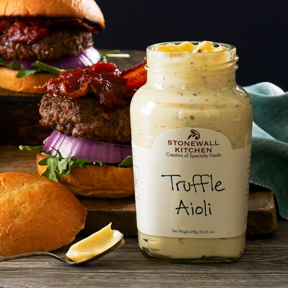 Close-up of Stonewall Kitchen Truffle Aioli label highlighting premium ingredients.