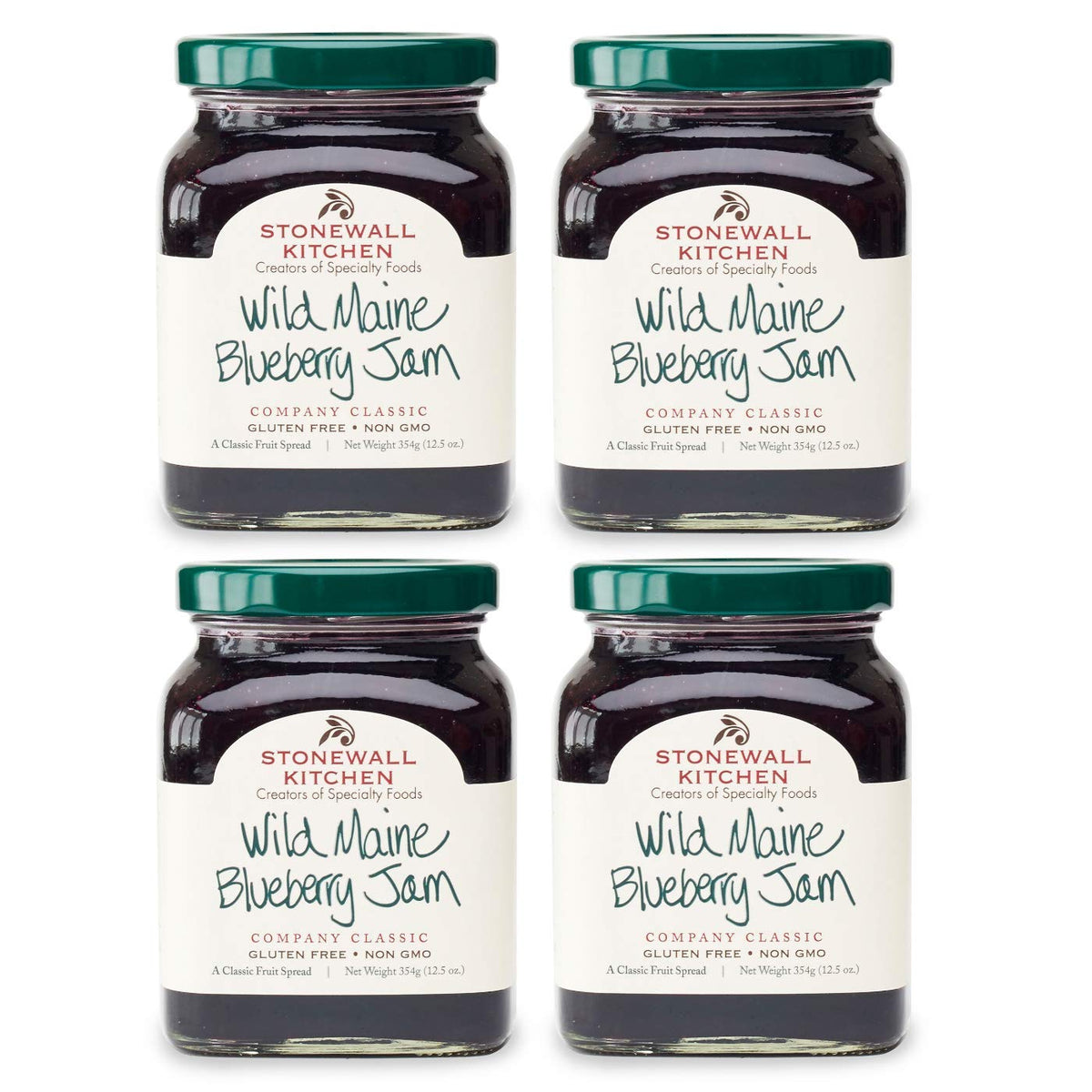 Stonewall Kitchen Wild Maine Blueberry Jam 4-pack product shot with gift-ready packaging