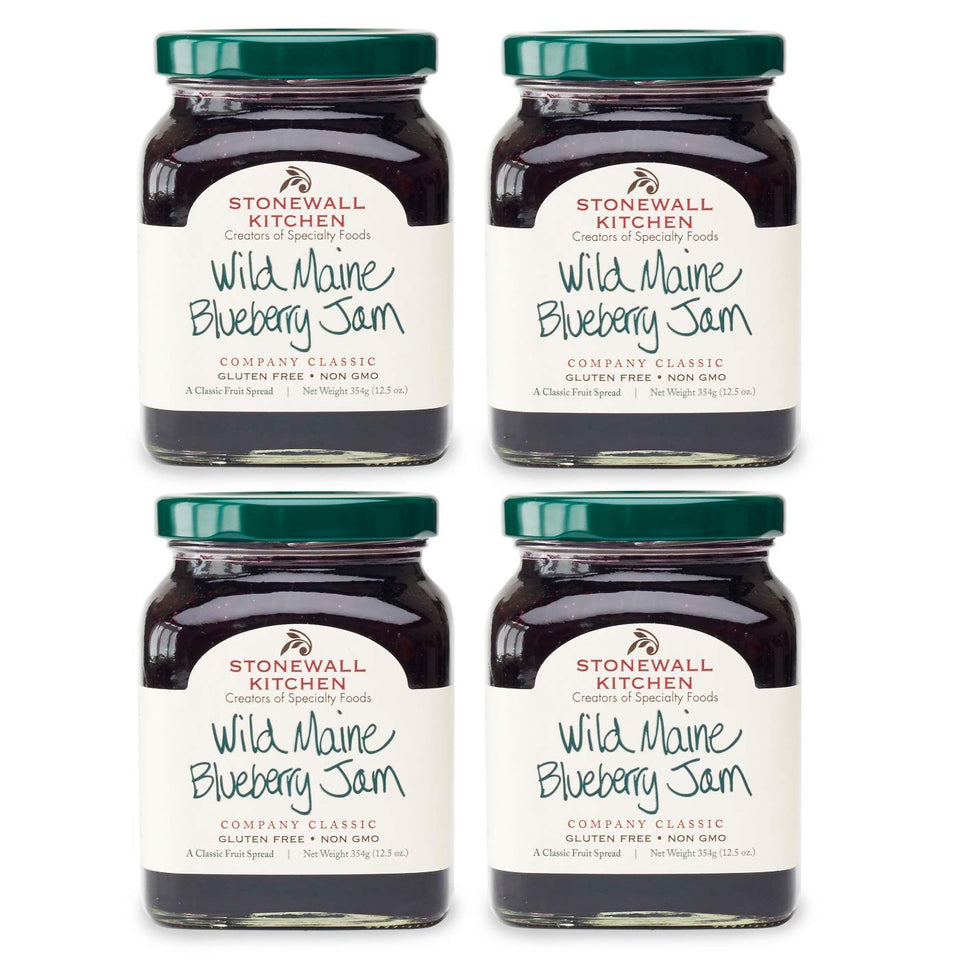 Stonewall Kitchen Wild Maine Blueberry Jam 4-pack product shot with gift-ready packaging