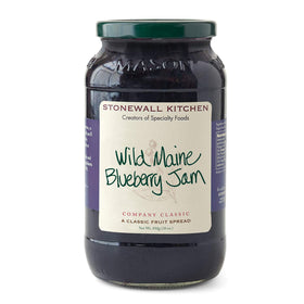Stonewall Kitchen Wild Maine Blueberry Jam jar close-up ready for breakfast.