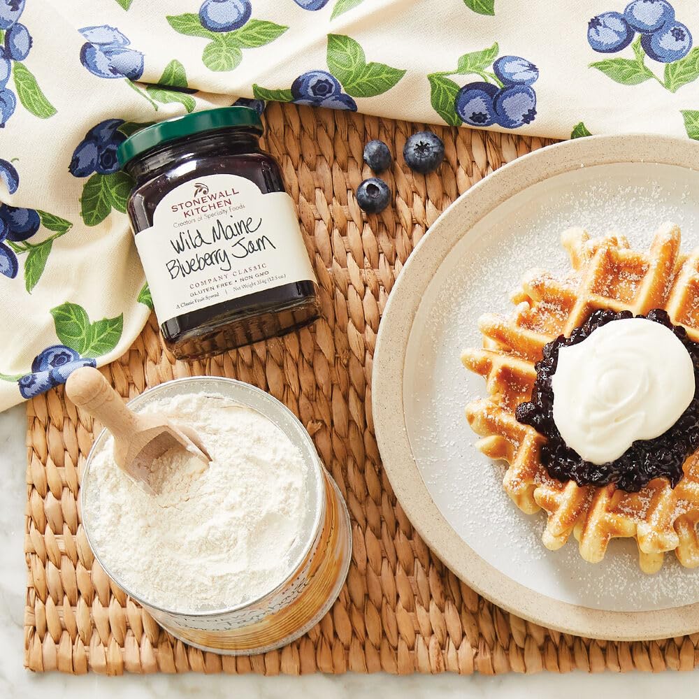 Stonewall Kitchen Wild Maine Blueberry Jam jar closeup showing glossy label
