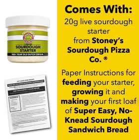 Stoney's Sourdough Starter 20g jar close-up shows compact beginner-friendly packaging.