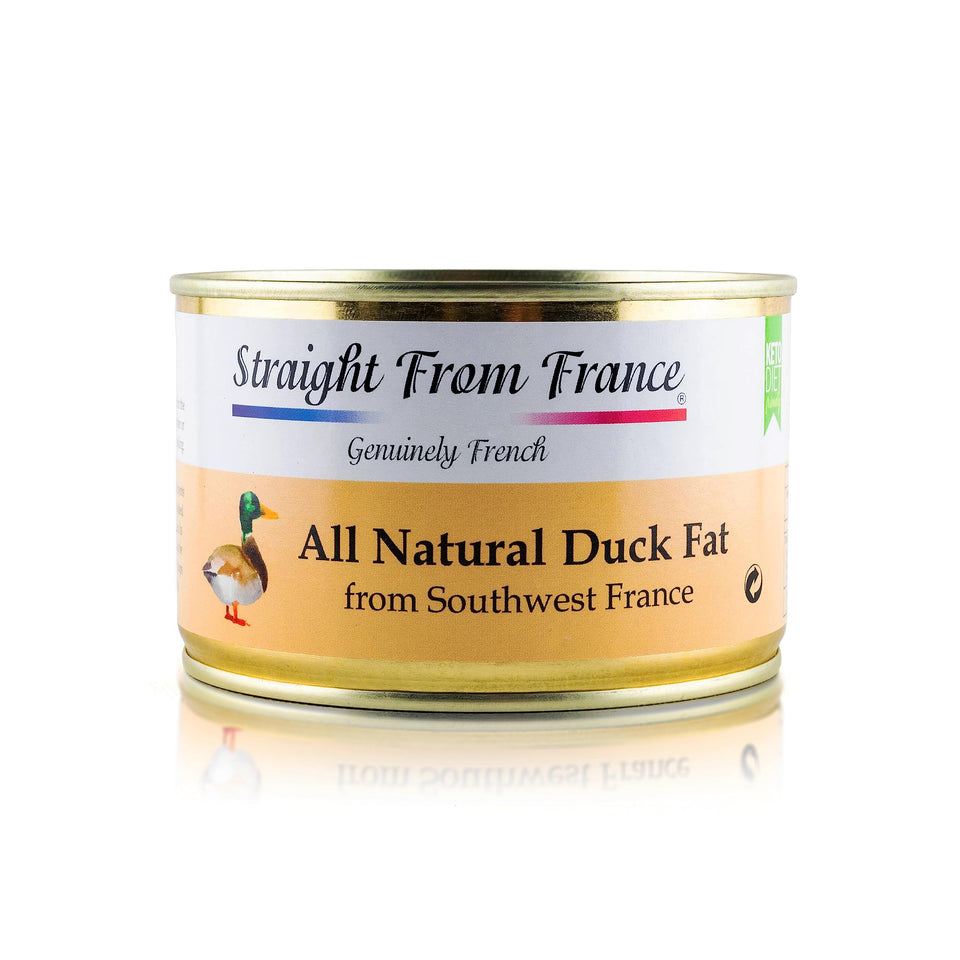 Straight from France duck fat bottle pour showing high-heat cooking ready for crisp sears