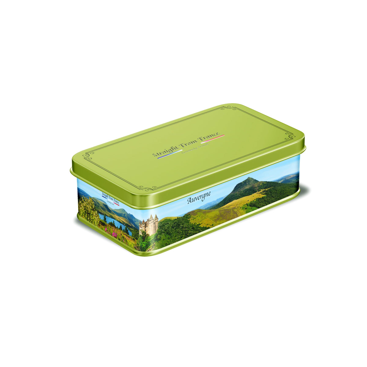 Straight from France Genuinely French Auvergne tin front view; vibrant five flavors for gifting.