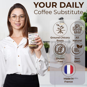 Chicory powder in mug provides warm color and inviting aroma from Straight from France Genuinely French.