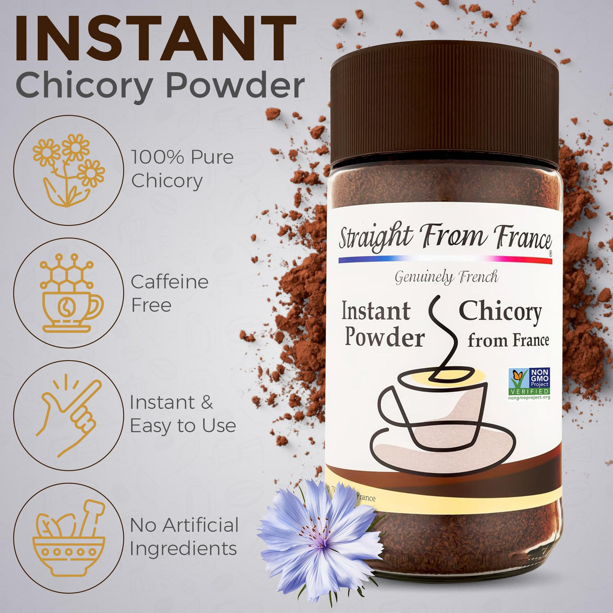 Packaging of Straight from France Genuinely French chicory powder highlights non-GMO quality.