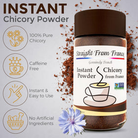Packaging of Straight from France Genuinely French chicory powder highlights non-GMO quality.