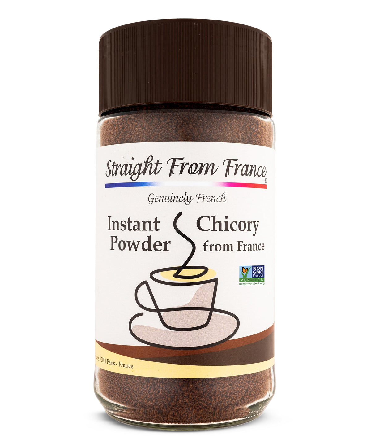 Straight from France Genuinely French chicory powder tin offers caffeine-free coffee substitute.