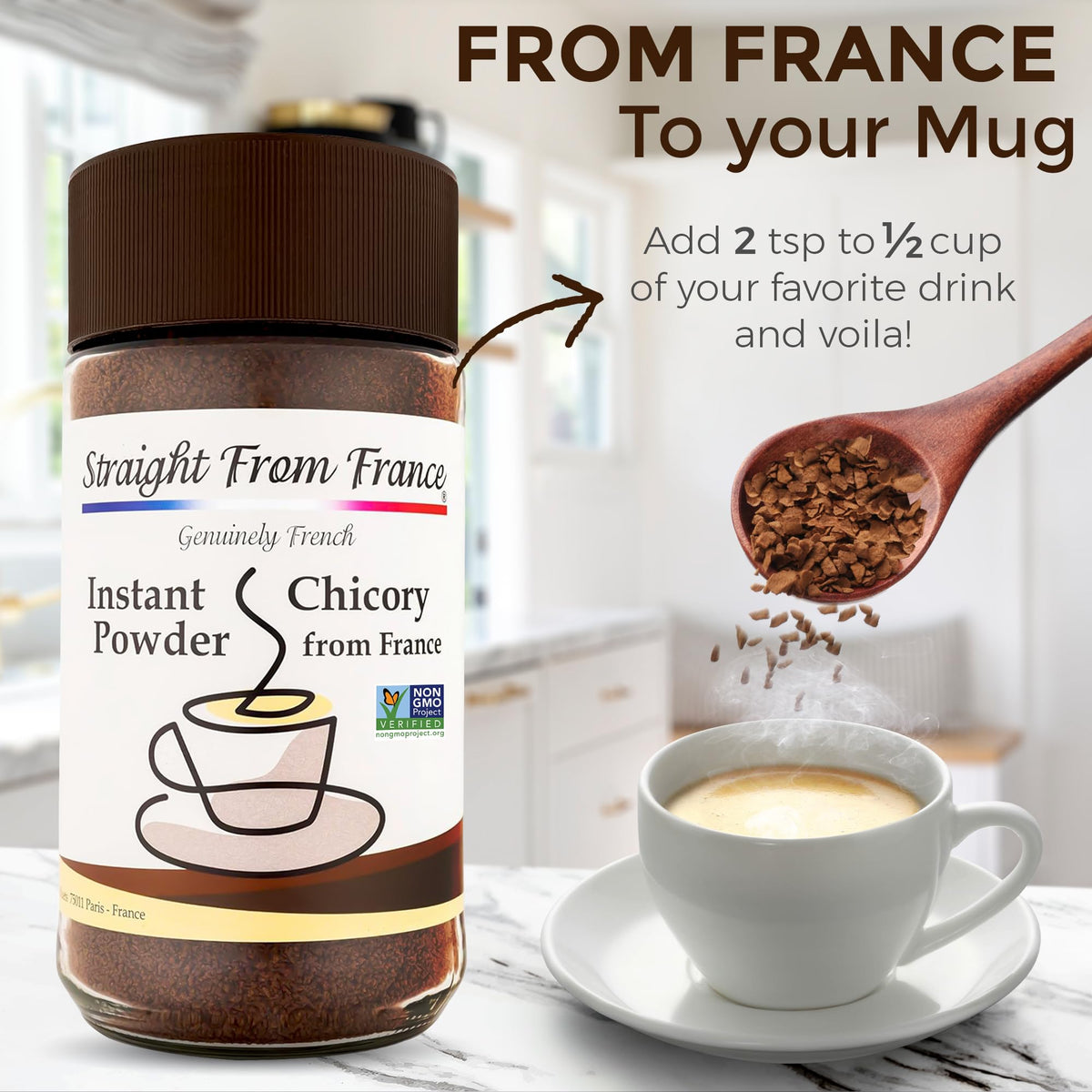 Chicory roots image emphasizes natural origin and prebiotic fiber content of the product.