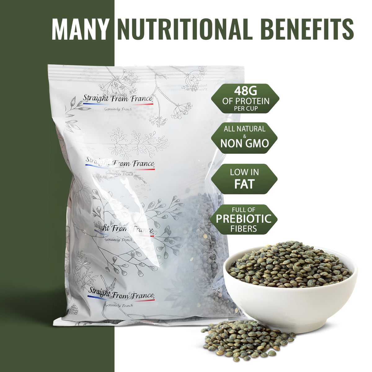 Straight from France Green Lentils dry bulk in a bowl ready for meal prep