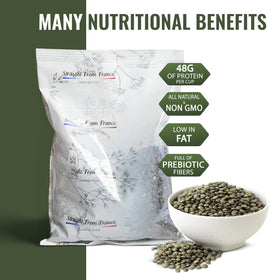 Straight from France Green Lentils dry bulk in a bowl ready for meal prep
