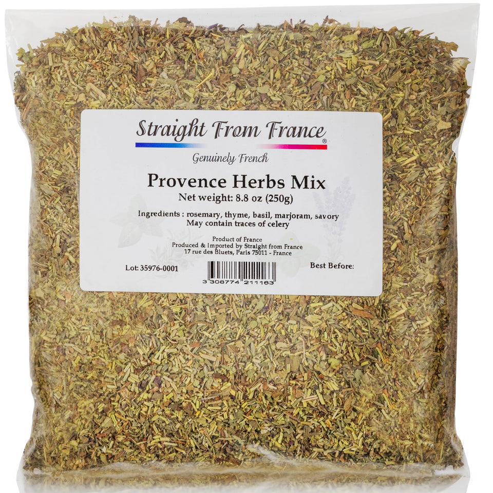 Straight from France Herbs de Provence bottle—aromatic blend ideal for marinades and roasting.