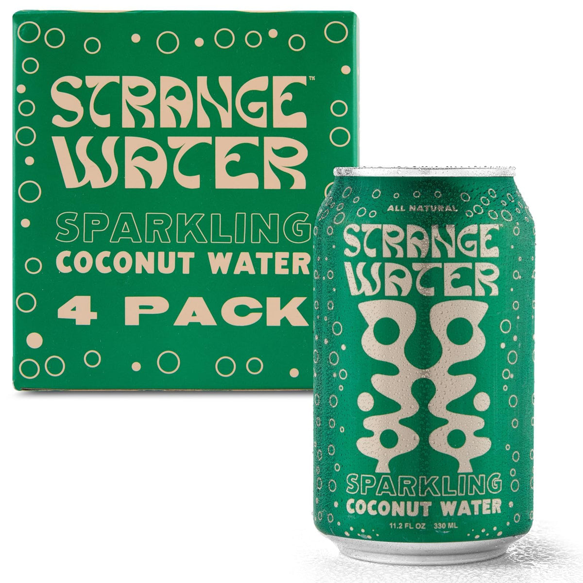 Strange Water Sparkling Coconut Water 4-pack front view, convenient refreshment on the go.