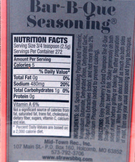 Strawberry's bbq Grand Champion Shake-On Seasoning pack 2 angled, great for family cookouts.