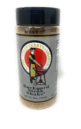 Strawberry's Grand Champion Backyard Steak Shake bottle for easy, flavorful meat seasoning.