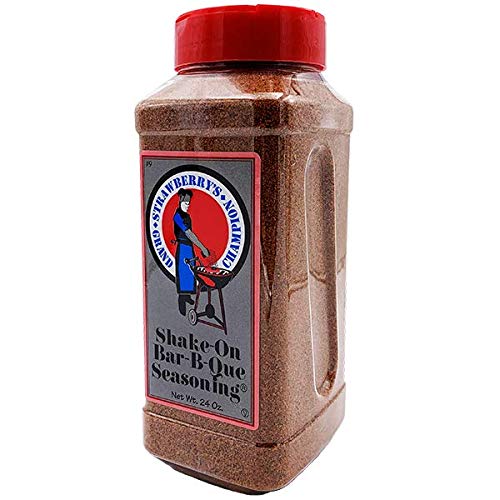Strawberry's Grand Champion Shake-On Bar-B-Que Seasoning poured on meat for even seasoning.