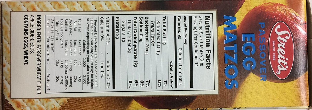 Streit's Egg Matzo packaging highlights kosher for Passover status for reliable meals.