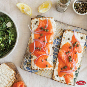 Streit's matzo for dipping and snacking with dips and toppings
