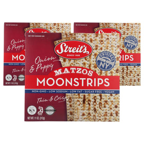 Streit's Moonstrips onion-poppy matzo pack front, thin crispy snack.