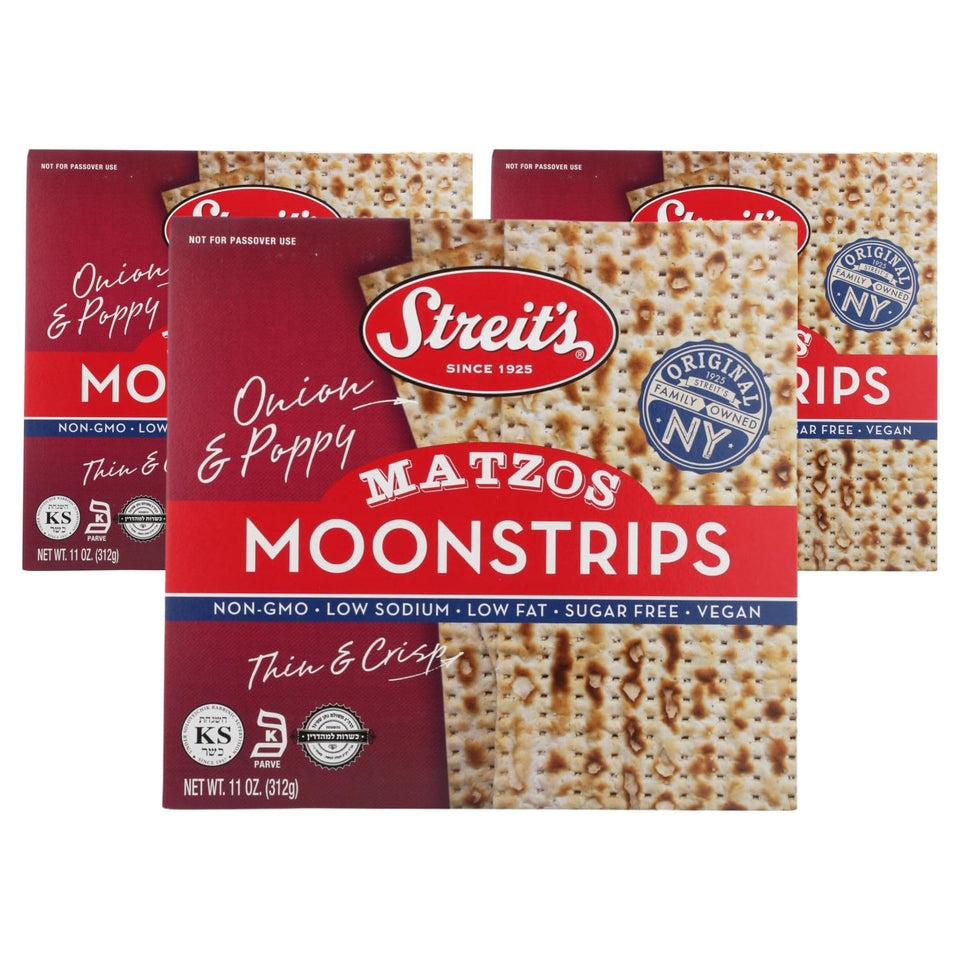 Streit's Moonstrips onion-poppy matzo pack front, thin crispy snack.