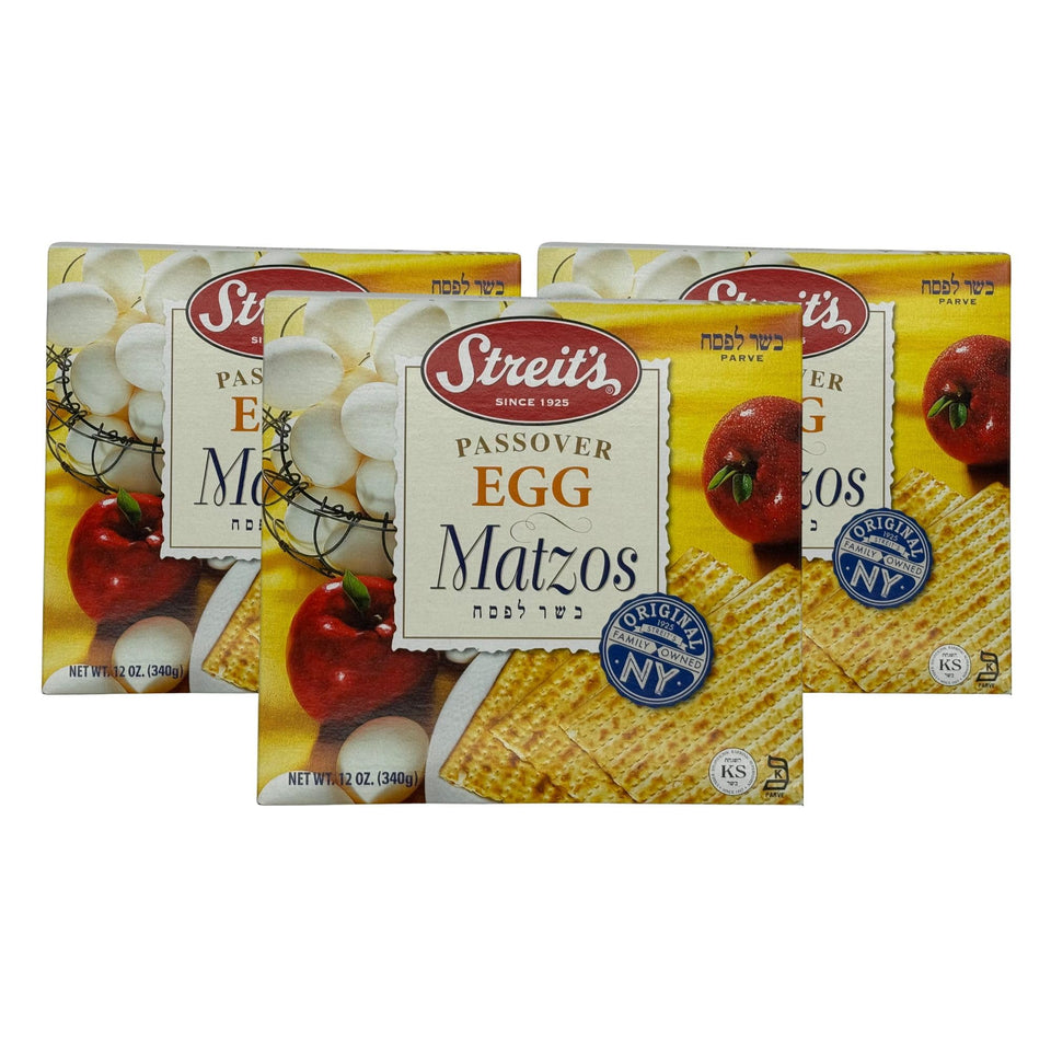 Streits Passover Egg Matzo pack shot highlights a three-pack for easy holiday sharing