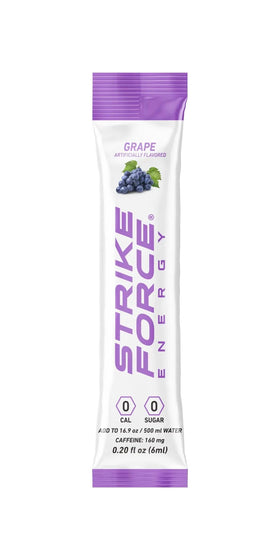Strike Force Grape packet poured into water delivers zero-calorie hydration with caffeine.
