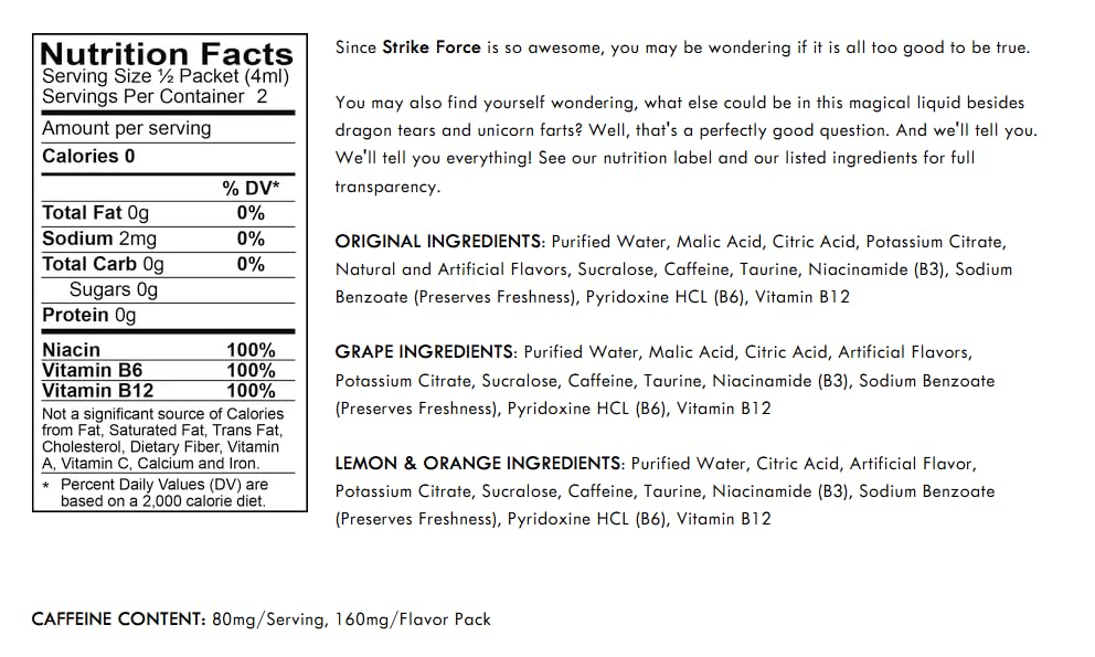 Strike Force Energy ingredient pack showing caffeine and B vitamins support.