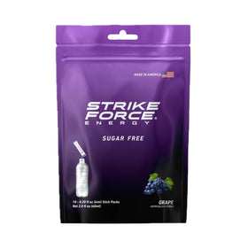 Strike Force grape energy drink mix dissolves easily in water for a quick boost.