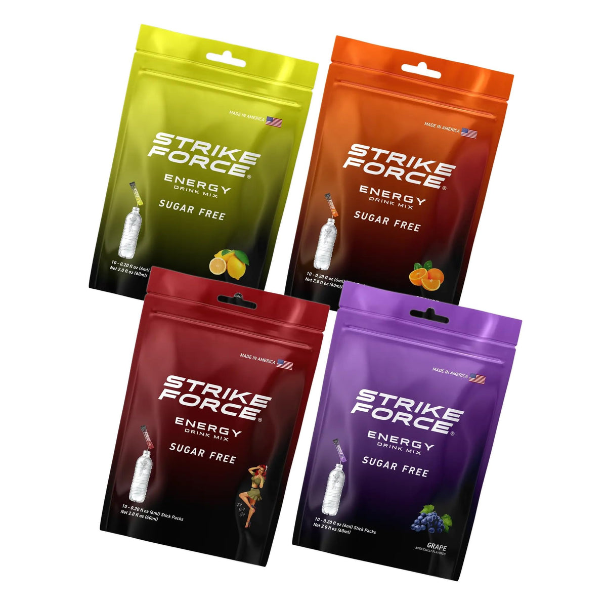 Strike Force Energy Orange packet poured into water for a clean energy boost.