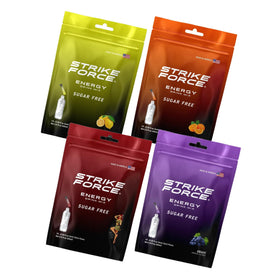 Strike Force Energy Orange packet poured into water for a clean energy boost.