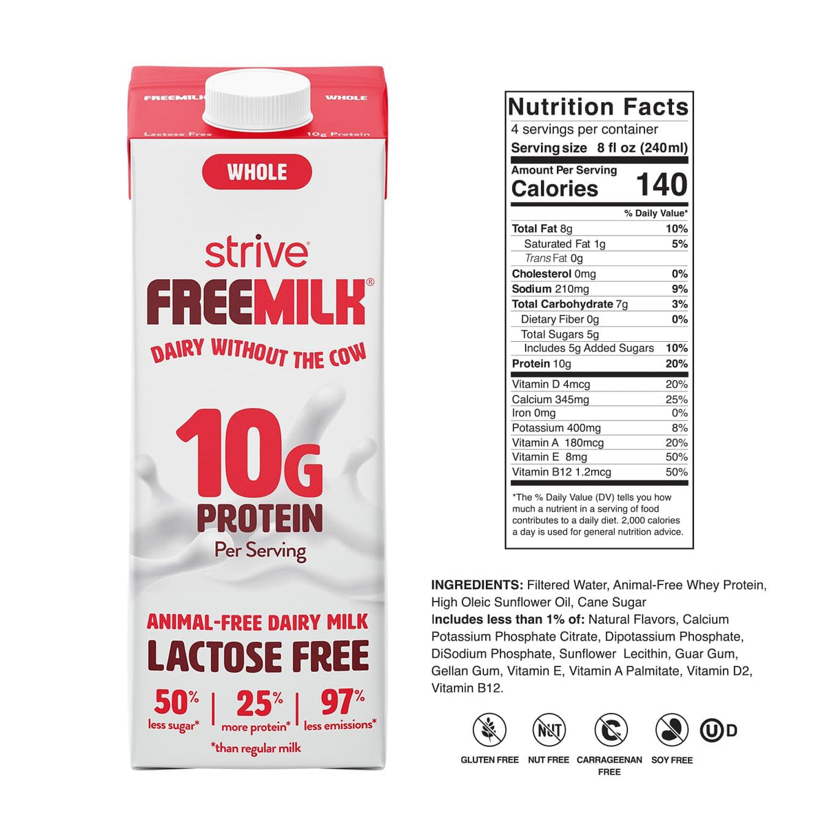 Strive Freemilk Original 32oz in a coffee mug, a high-protein lactose-free option.