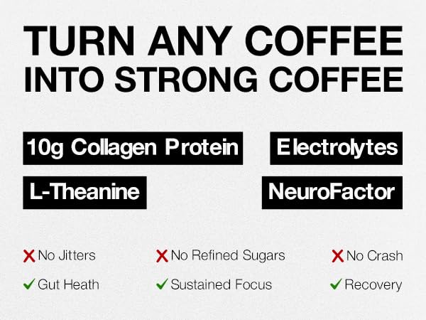 STRONG COFFEE CO. Coffee Booster steaming mug showing flavorless mix into coffee.