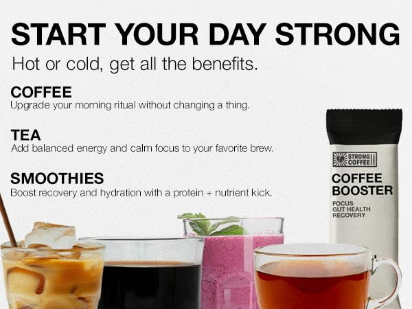 STRONG COFFEE CO. Coffee Booster flavorless powder blends easily for a quick morning uplift.