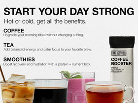 STRONG COFFEE CO. Coffee Booster flavorless powder blends easily for a quick morning uplift.