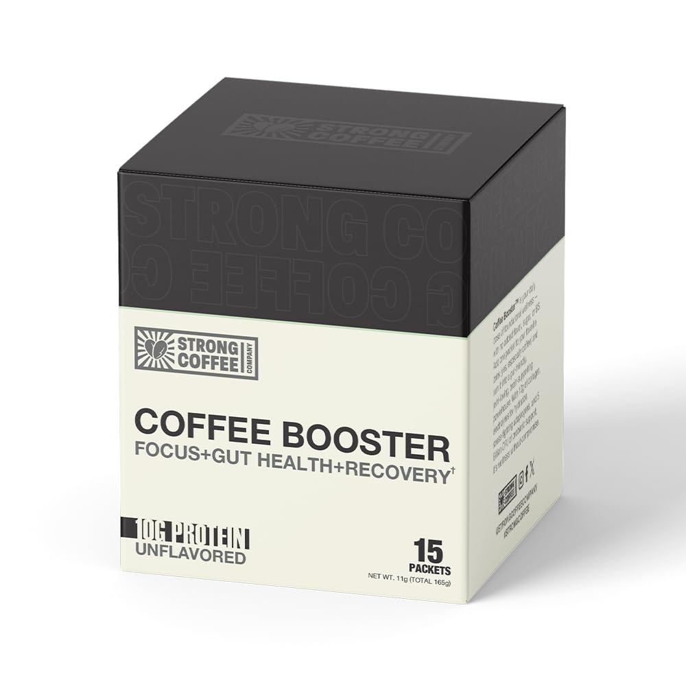 STRONG COFFEE CO. Coffee Booster packet closeup showing convenient daily protein boost.