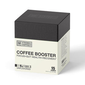 STRONG COFFEE CO. Coffee Booster packet closeup showing convenient daily protein boost.