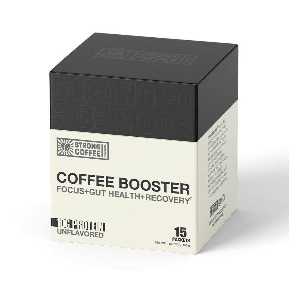 STRONG COFFEE CO. Coffee Booster packet closeup showing convenient daily protein boost.