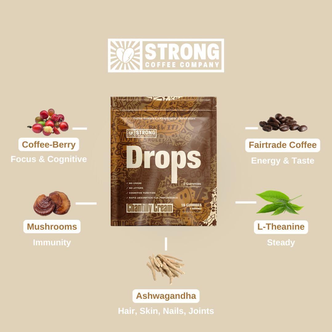 Strong Coffee Company ashwagandha gummies ingredients panel highlighting adaptogens
